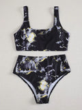 Women's marble tie-dye high-waist bikini set with U-neck top for swimming sports