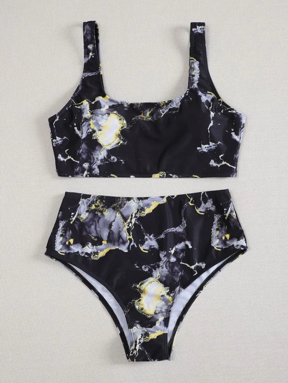 Women's marble tie-dye high-waist bikini set with U-neck top for swimming sports