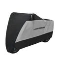 Black polyester motorcycle rain cover shown fitted on an electric bike.