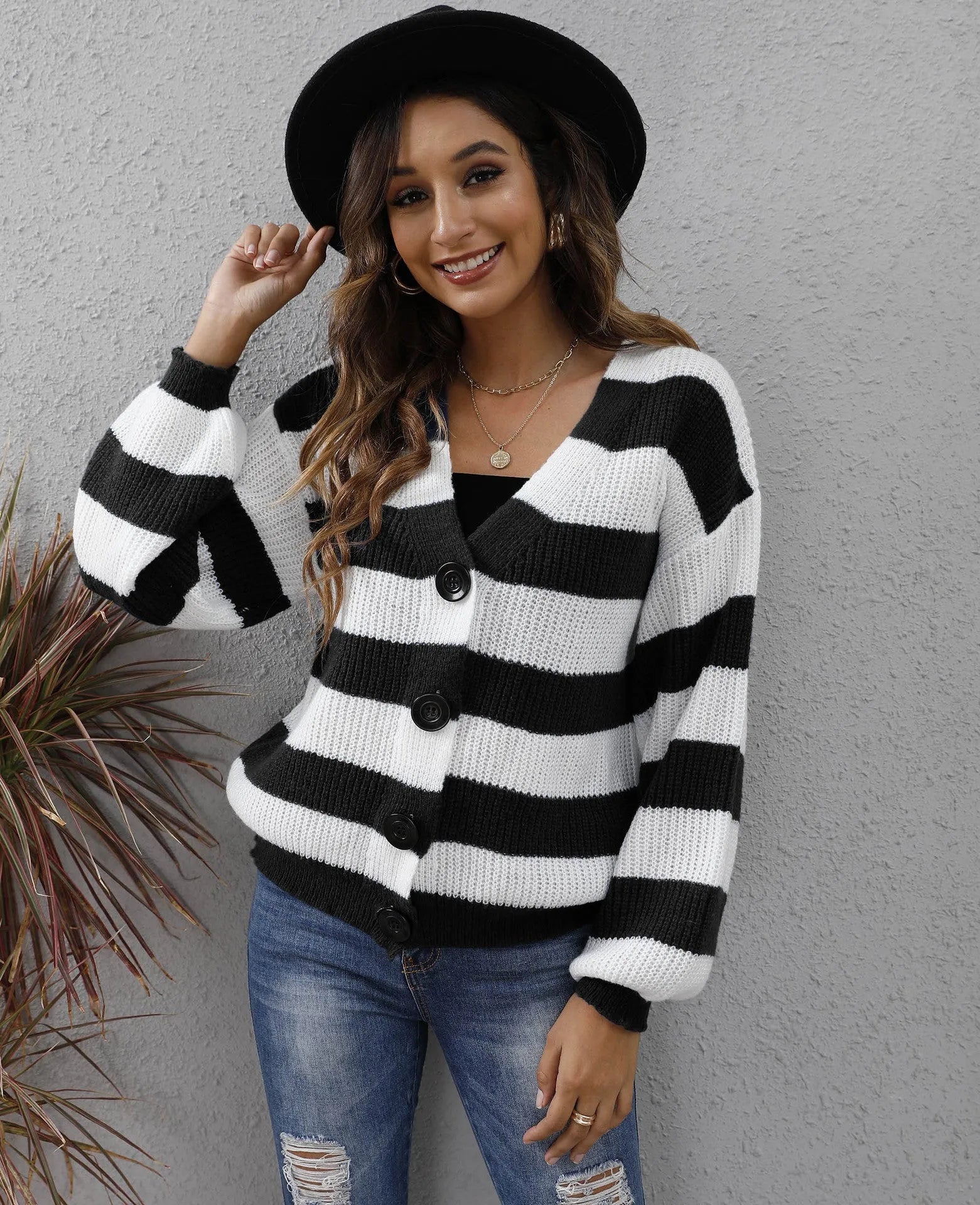 Women's striped cardigan in deer plush fabric with button front closure in blue colour