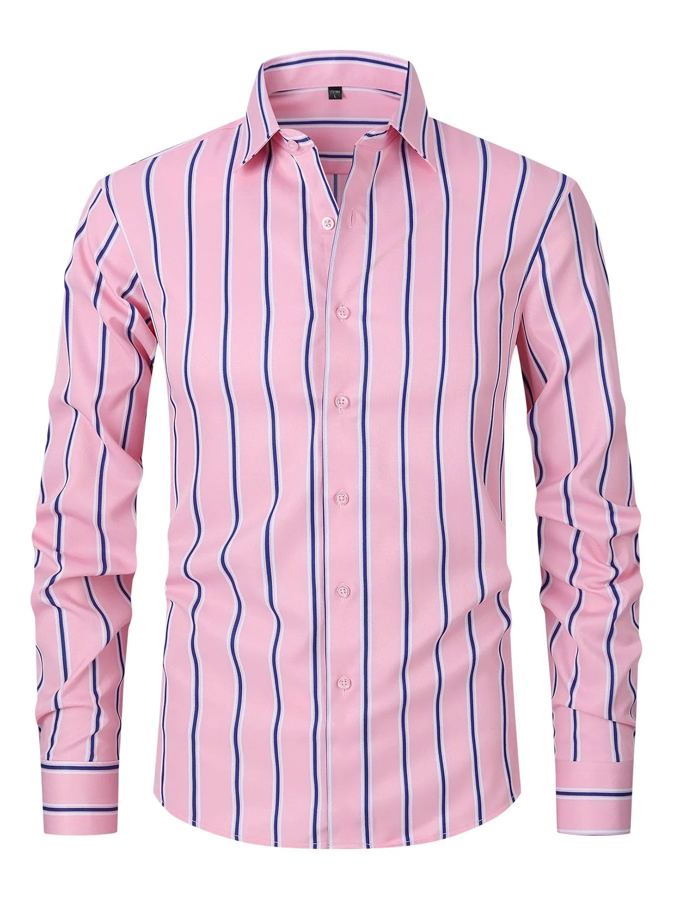 Men's striped ice silk polyester business shirt with slim fit on Asian mannequin showing XXS to XL sizing
