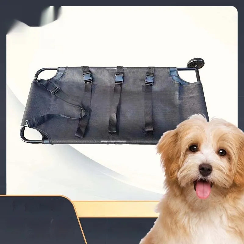 Large black aluminium alloy foldable pet stretcher unfolded on the ground for dog emergency transport.
