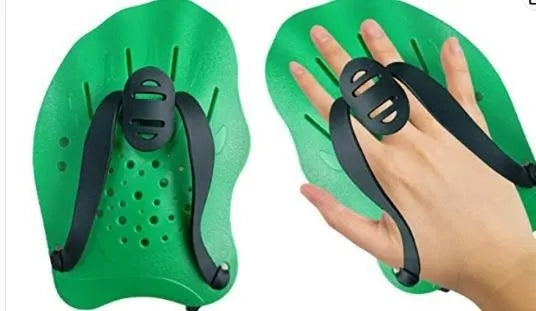 A pair of webbed swimming training hand paddles for freestyle stroke, shown in multiple colour options including dark blue with yellow.