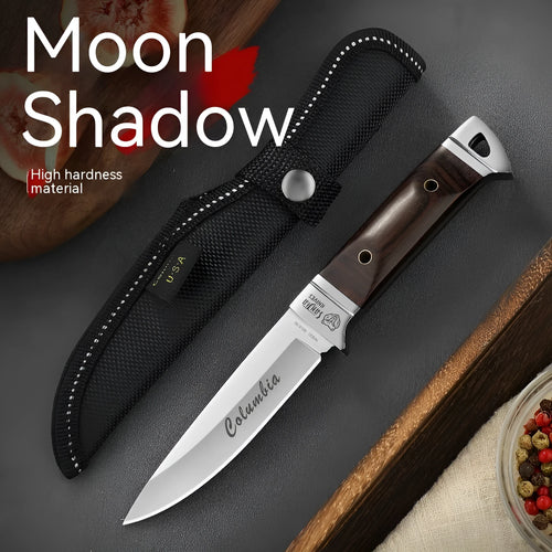 Camping multifunctional portable fruit knife with stainless steel blade in leather case