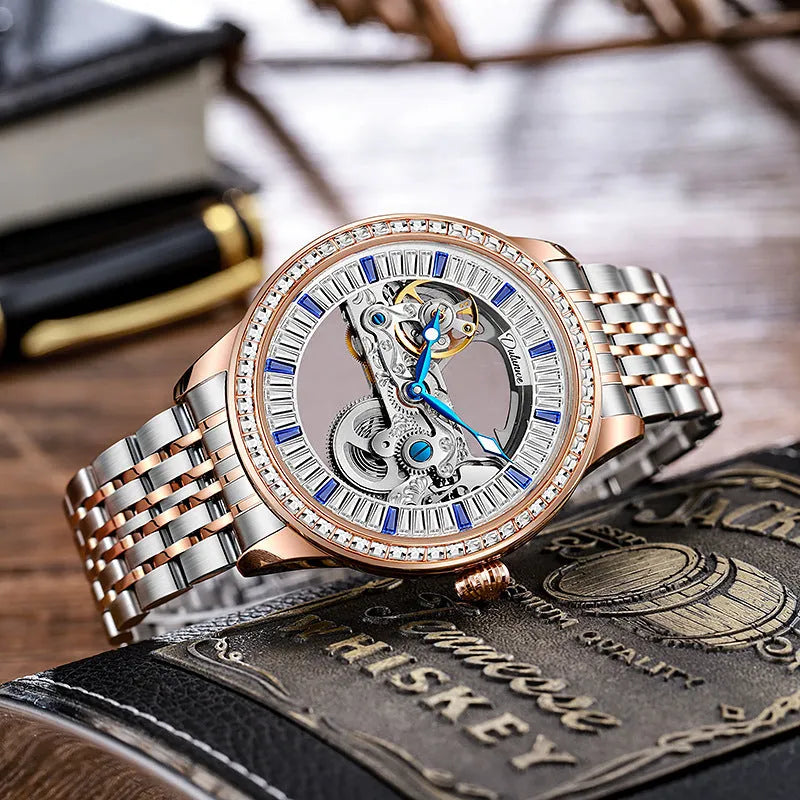 Men's luxury zircon mechanical watch with stainless steel case and black leather strap