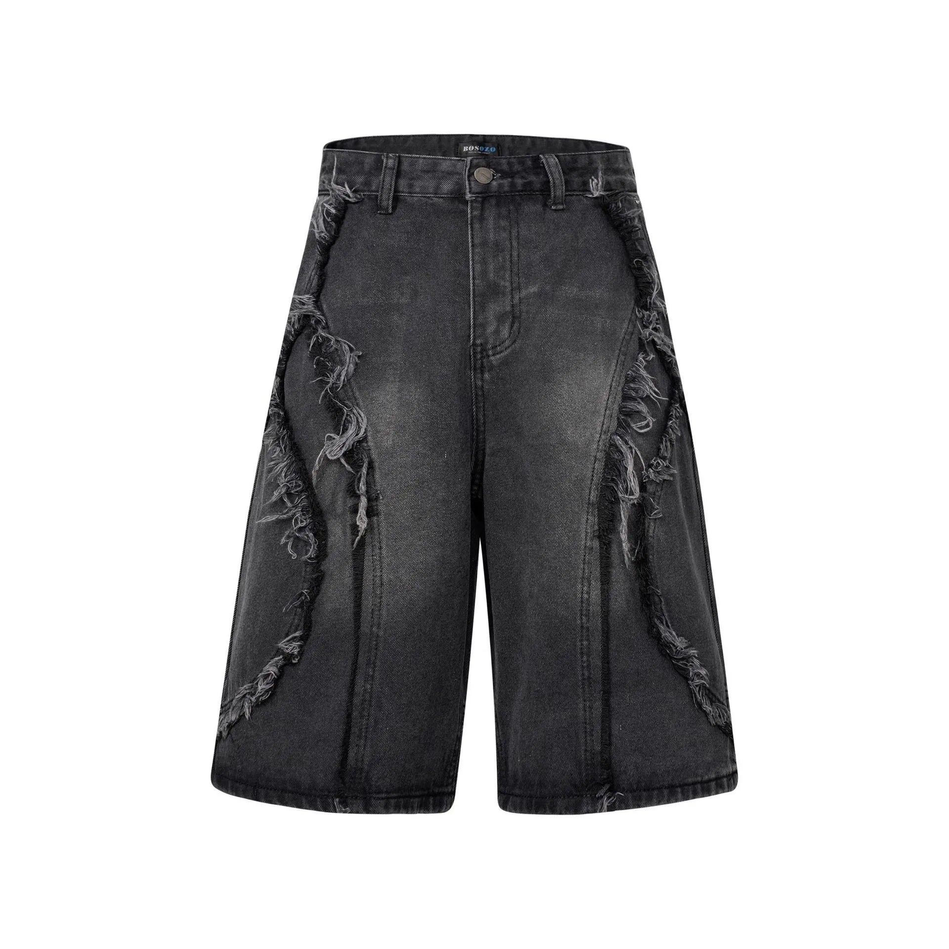Distressed blue denim shorts with raw edge hem on a plain background, showing straight leg cropped fit.