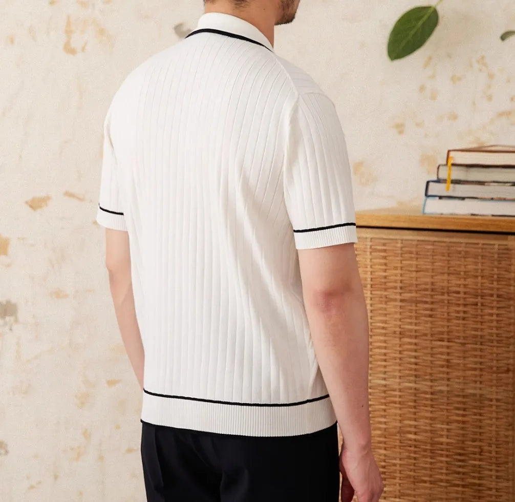 Slim elastic lapel short-sleeved polo shirt in black viscose blend fabric for men