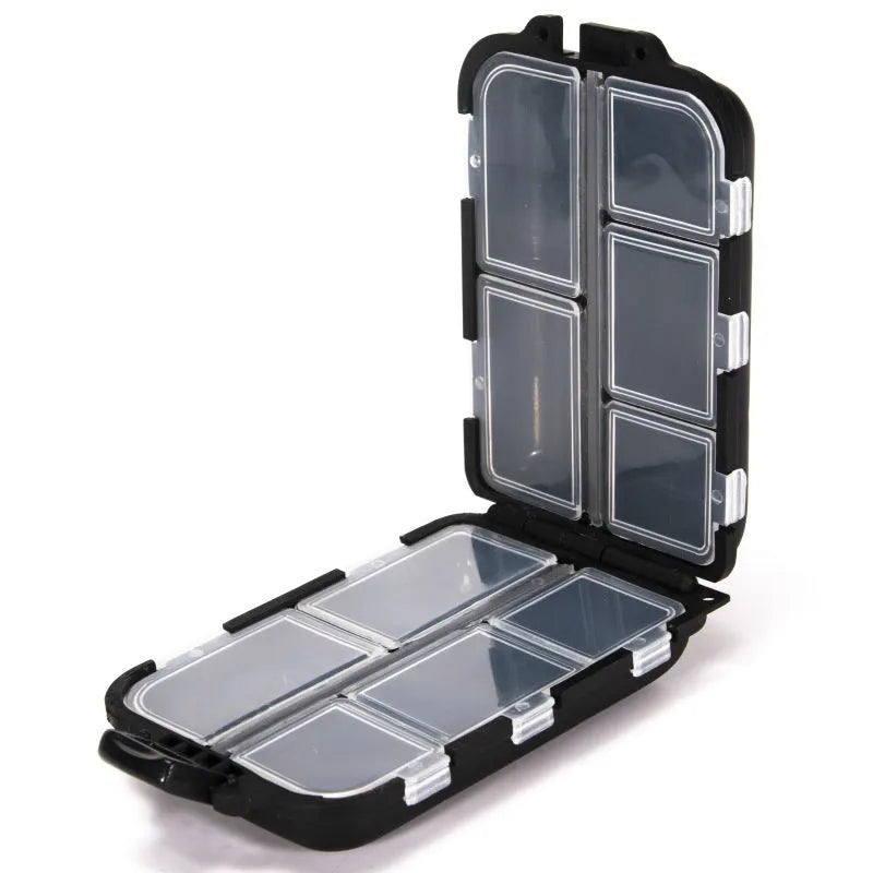 Small black plastic fishing tackle storage box open to show a 10-compartment grid interior.