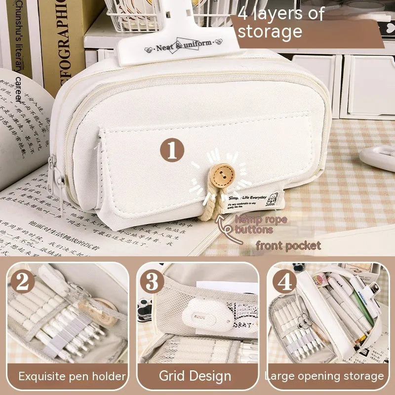 Canvas pencil case in green colour showing large capacity design for student stationery organisation