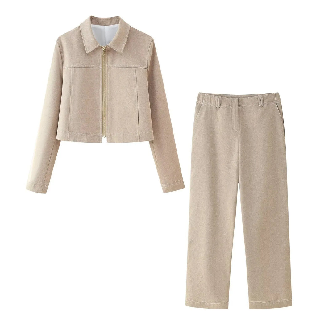 Women's herringbone pattern casual suit with 3D embroidery detailing on jacket and matching trousers