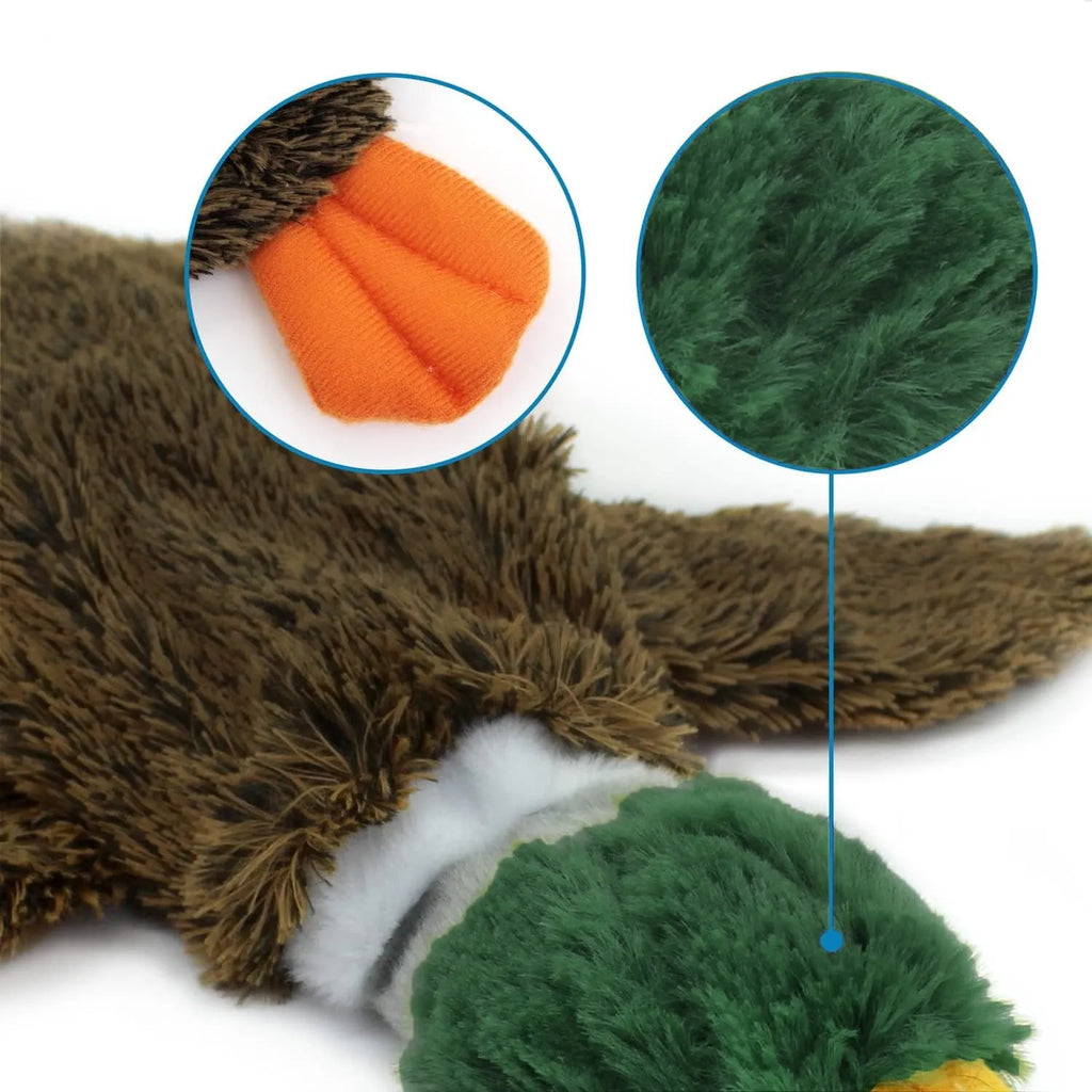 Green wild duck design stuffless dog toy with squeakers in head and tail sections