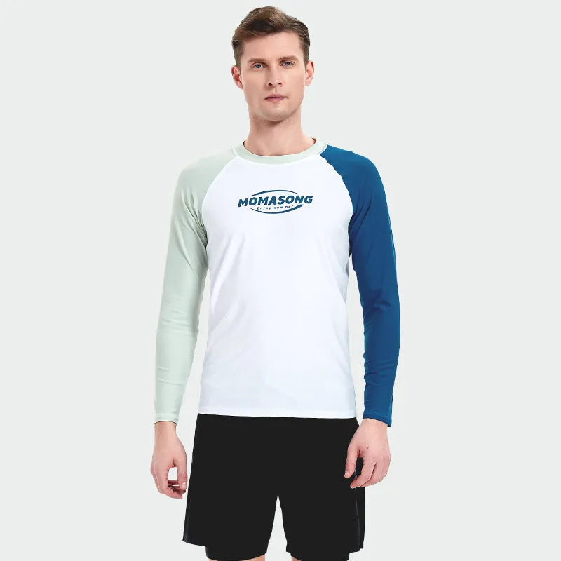 Men's white long-sleeved swim top and matching trunks set for sun protection water sports
