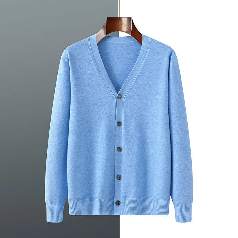 Man modelling a loose V-neck cardigan coat in Andy Velvet knitted fabric.