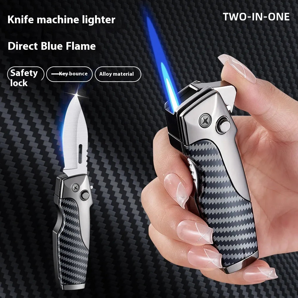 Zinc alloy folding lighter tool with integrated knife in a black wood grain finish.