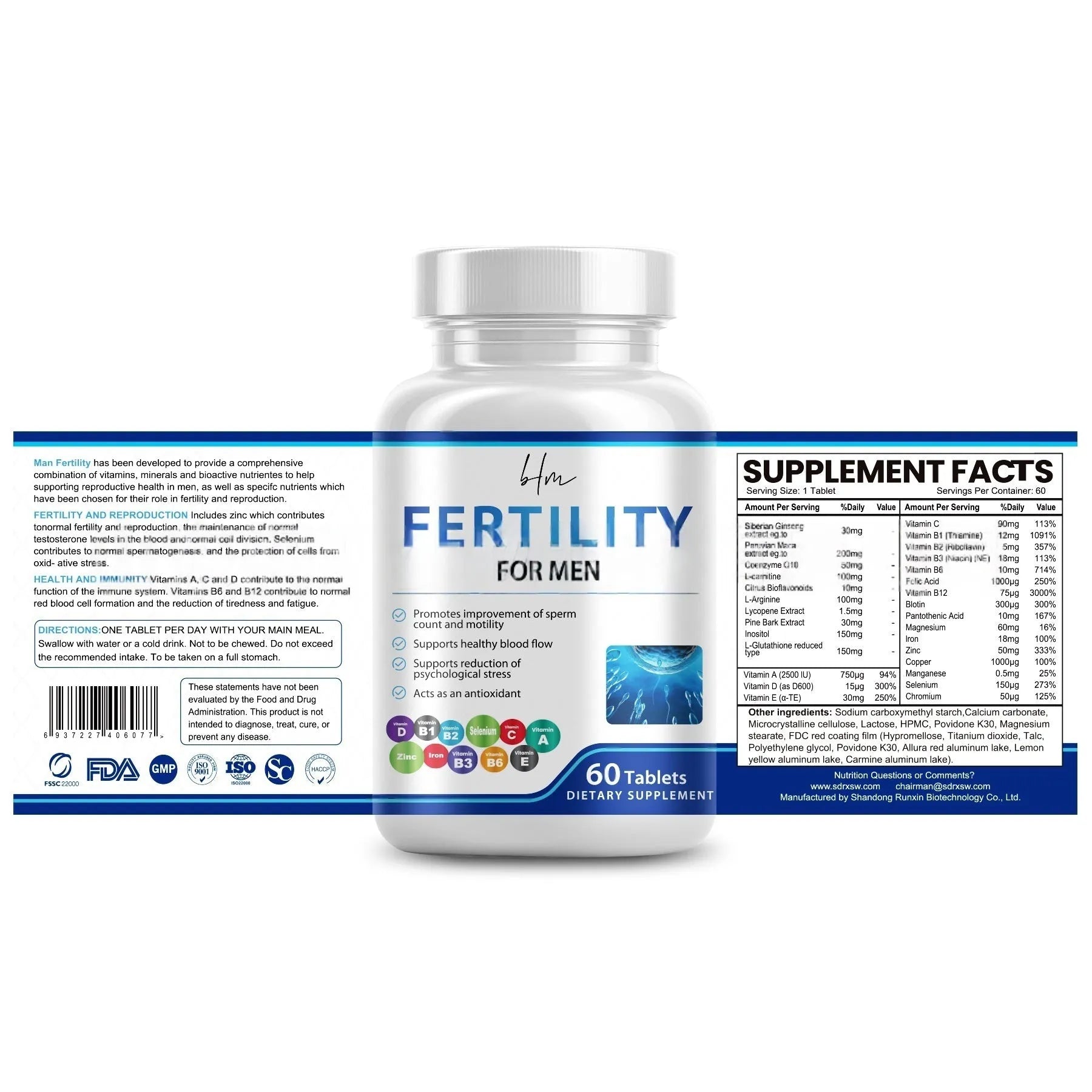 Bottle of 60 male fertility tablets with COMBLEX vitamin mineral amino acids formula