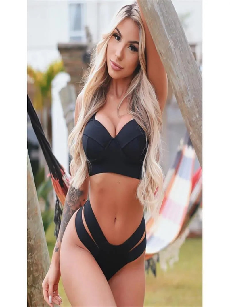 Women's black bikini with steel bracket push-up top and matching pants