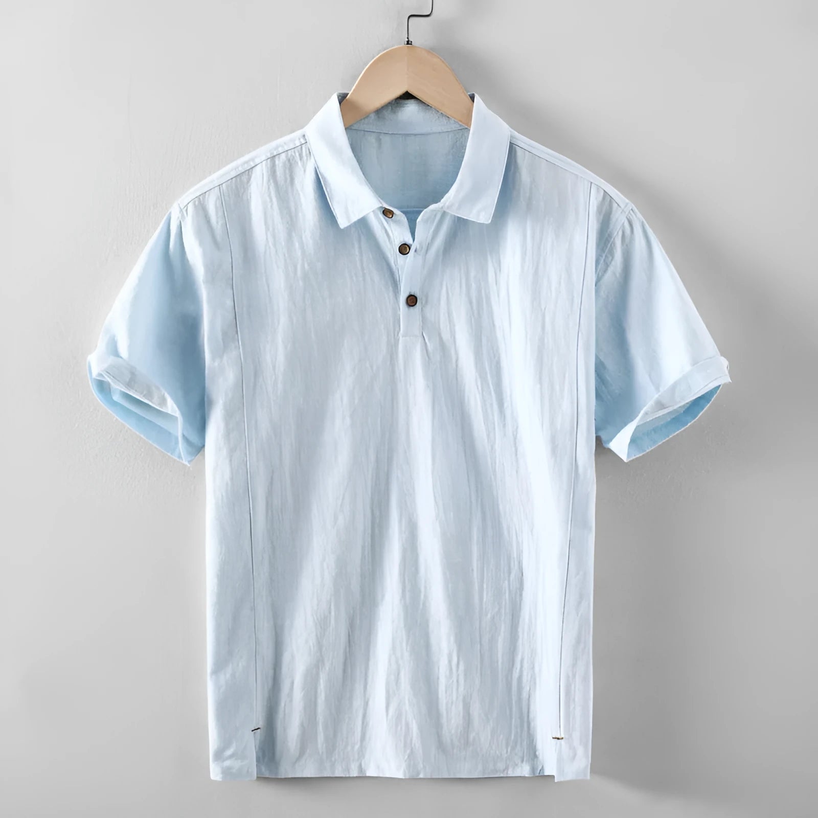 Men's loose fit linen casual shirt in solid colours on a hanger