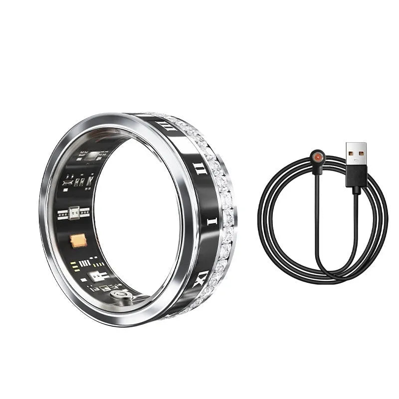 Silver and gold smart ring with diamond inlay showing blood oxygen monitoring technology