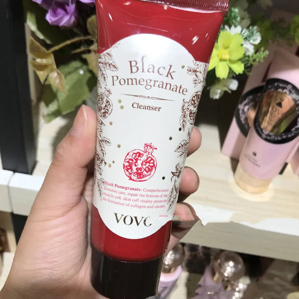 Pomegranate skincare set showing six products: water, milk, cream, essence, eye cream and cleanser