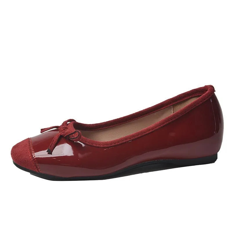 Women's wine red Mary Jane flat shoes with bow detail and square toe