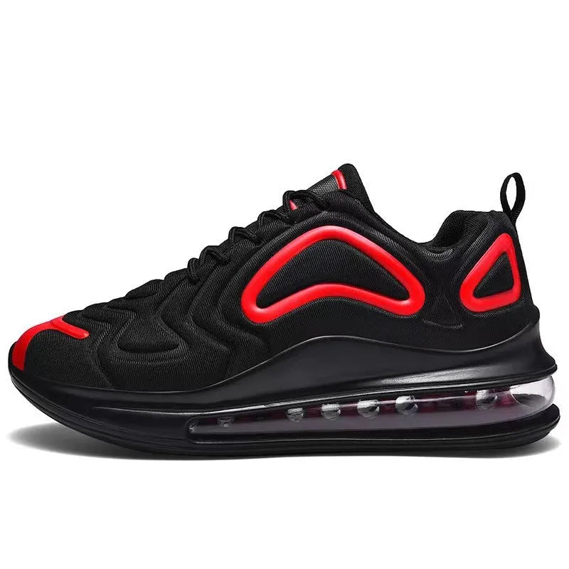Men's black lace-up running sneakers with a thick sole and round toe design on a white background.