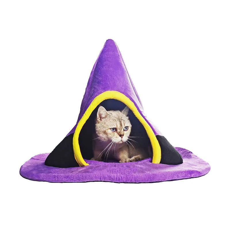 Purple cloth cat bed shaped like a witch hat measuring 60x45cm for indoor pet use