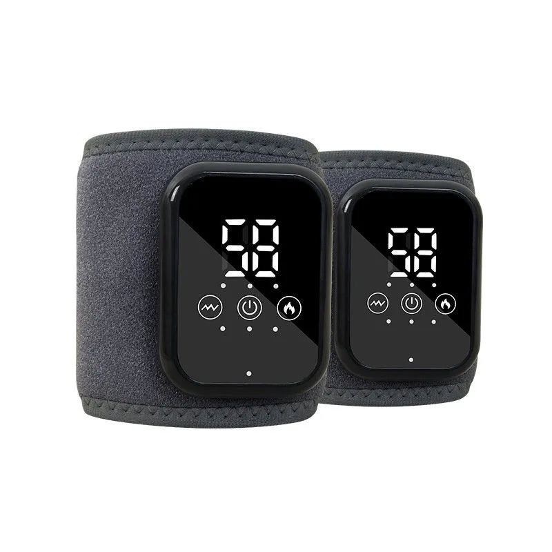 Black electric heating ankle sleeve wrapped around ankle showing elastic construction