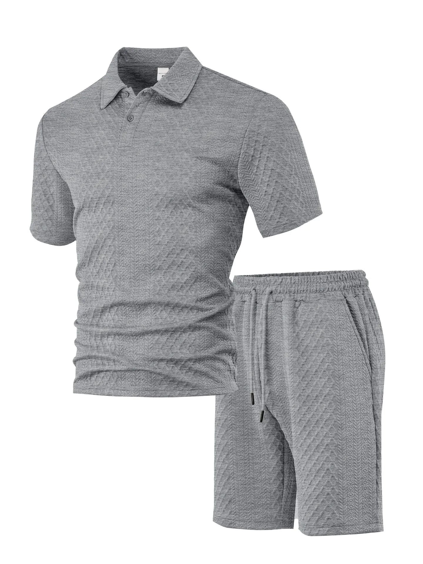 Men's thin figured cloth short sleeve casual suit in navy blue, showing Polo shirt top and trousers