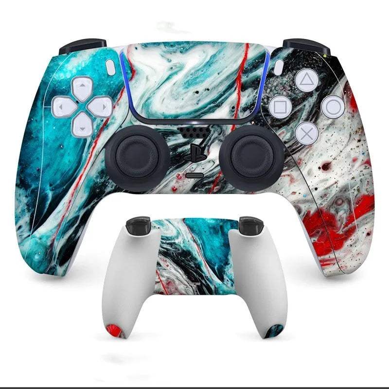 PS5 controller with anti-scratch handle stickers applied, showing micro frosted PVC texture.