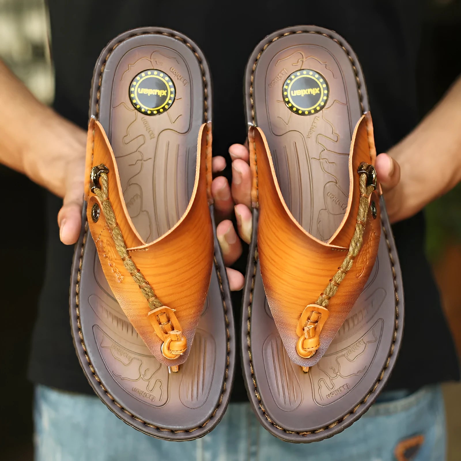 Men's plus size herringbone pattern outdoor slippers in dark blue and khaki with leather lining