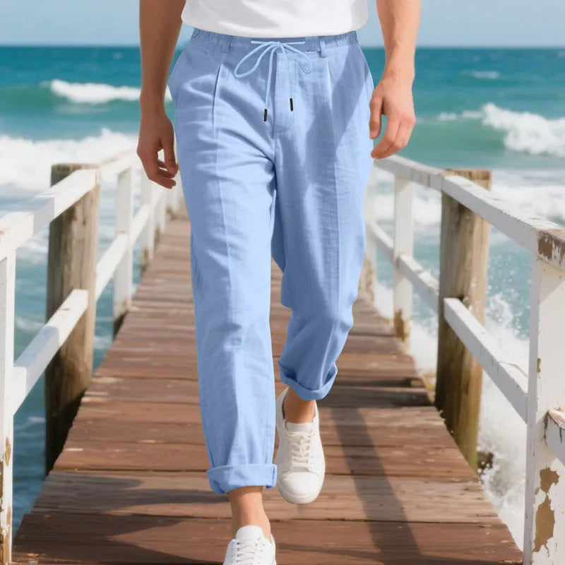 Men's straight leg linen trousers with drawstring waist in light khaki colour