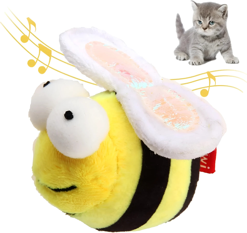 Yellow electronic chirpy bee sound toy for cats with flannelette fabric and motion-activated squeaking