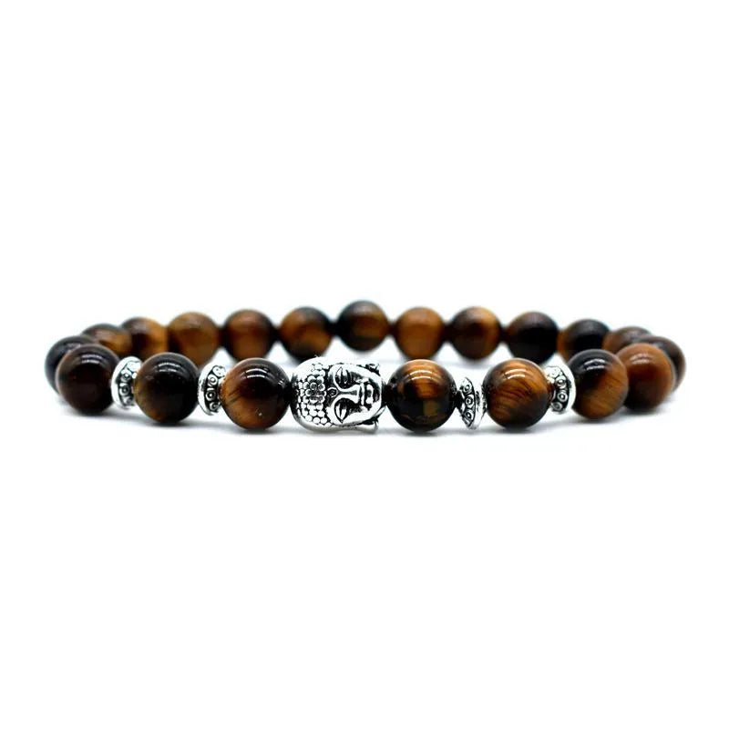 Handcrafted unisex bracelet with a 19mm Buddha head bead in amethyst, tiger eye, black agate, pink crystal, or green gold.