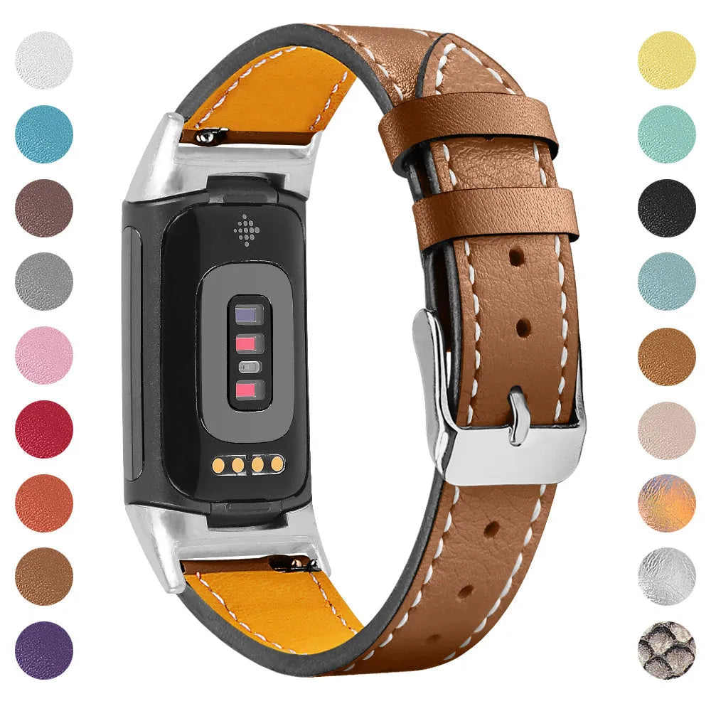 Genuine leather replacement strap for Fitbit Charge 5 and Charge 6 smartwatches in multiple colour options.