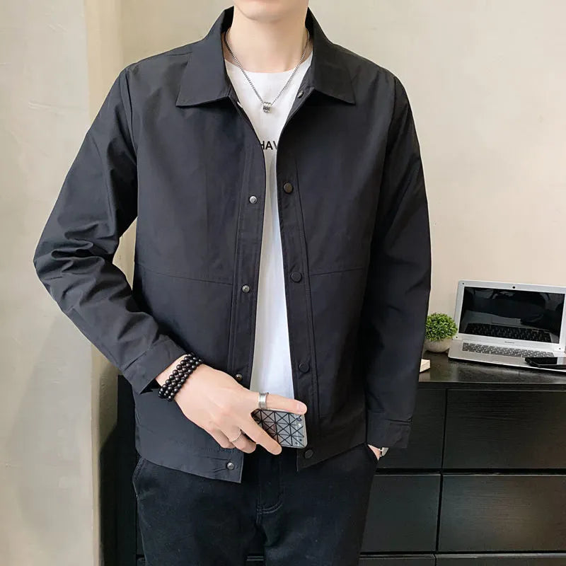 Men's single-layer Korean style jacket in polyester, shown in light gray, suitable for spring and autumn.