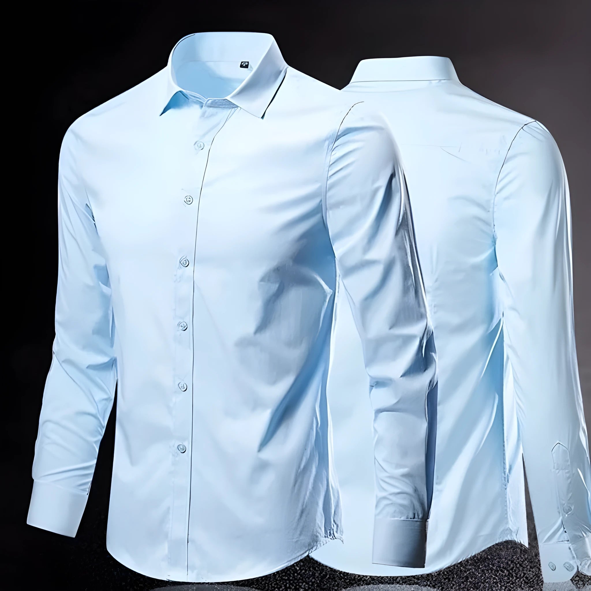 Man wearing a simple long-sleeve linen shirt in a loose fit, available in multiple colours and sizes.
