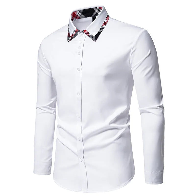 Men's blue casual long sleeve shirt with triangle collar and contrast plaid pattern.