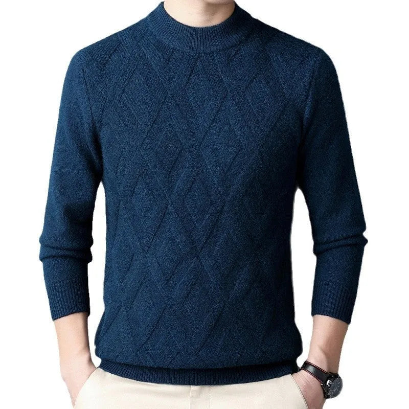 Men's thick winter sweater in diamond jacquard pattern, shown in light camel colour