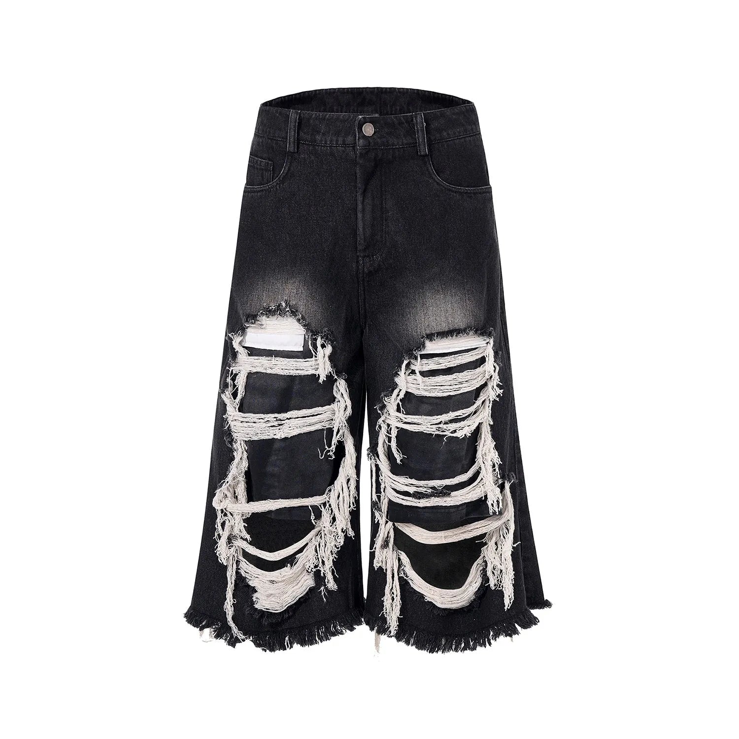Black wide leg cropped jeans with mid-high waist and ripped patch detail on micro-elastic cotton denim