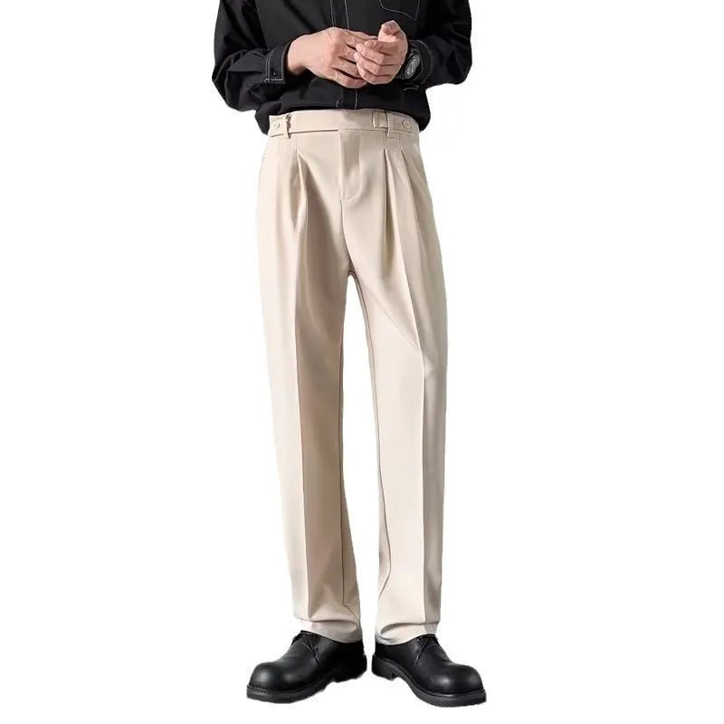 Men's apricot and black straight loose fit suit pants made from polyester fibre.