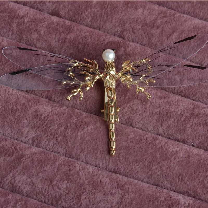 Golden dragonfly side clip headdress hair accessory with alloy construction and electroplated finish