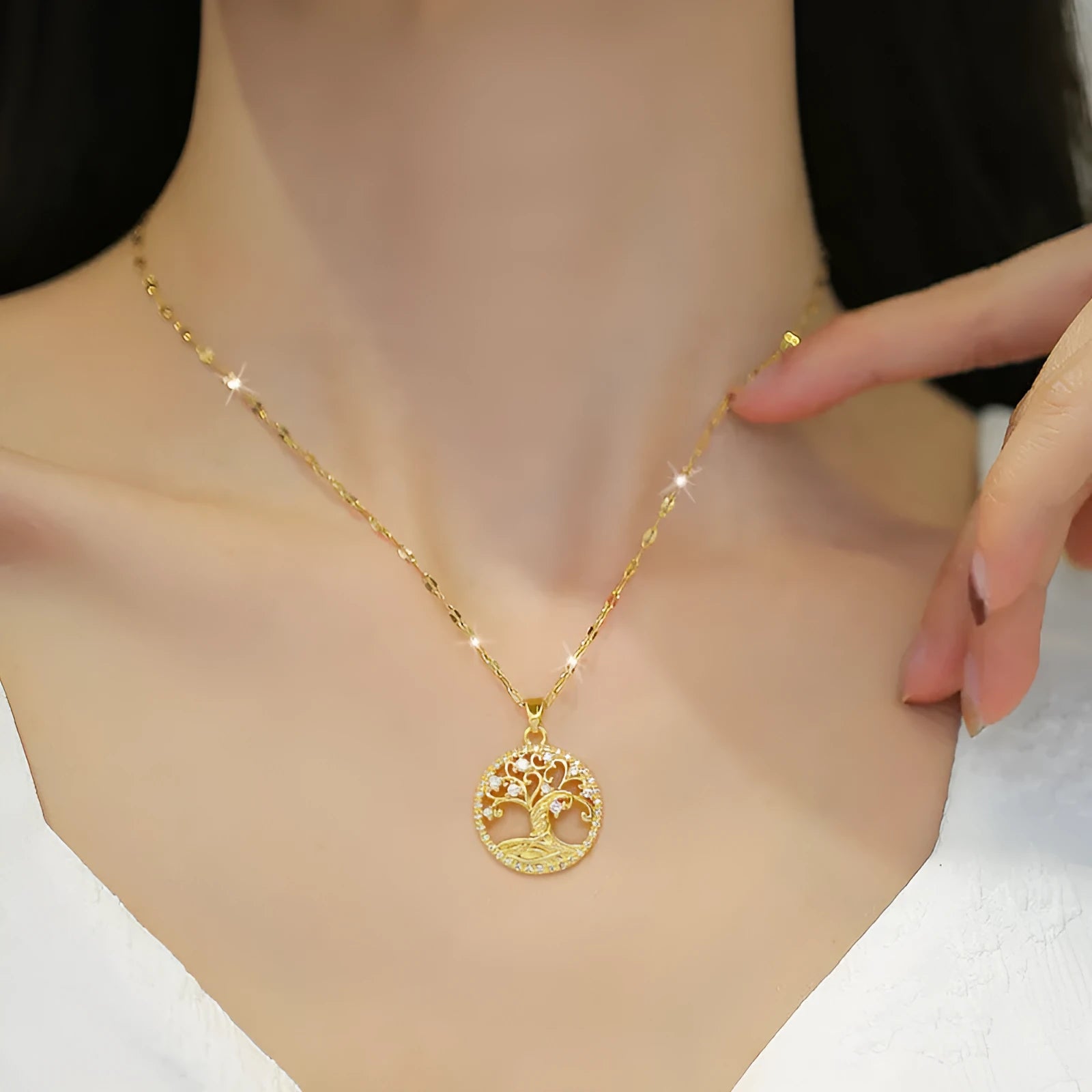 Gold electroplated rhinestone lucky tree light cross necklace with mother pearl shellfish pendant on adjustable stainless steel chain