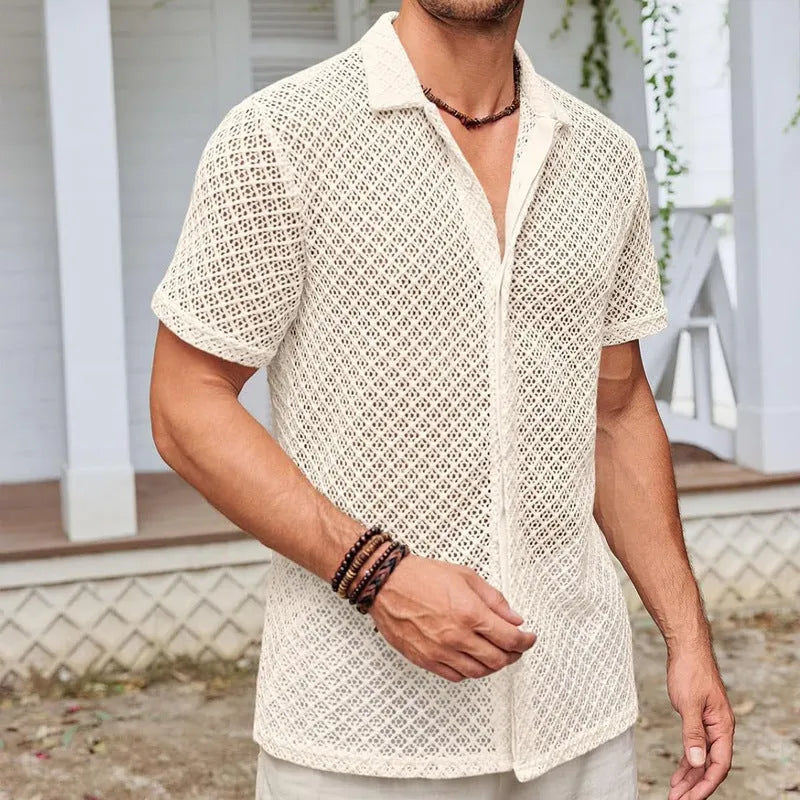 Men's solid colour short sleeve shirt with a lapel collar, shown in milky white.