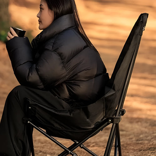 Night Black Oxford cloth camping moon chair folded and unfolded showing portable design