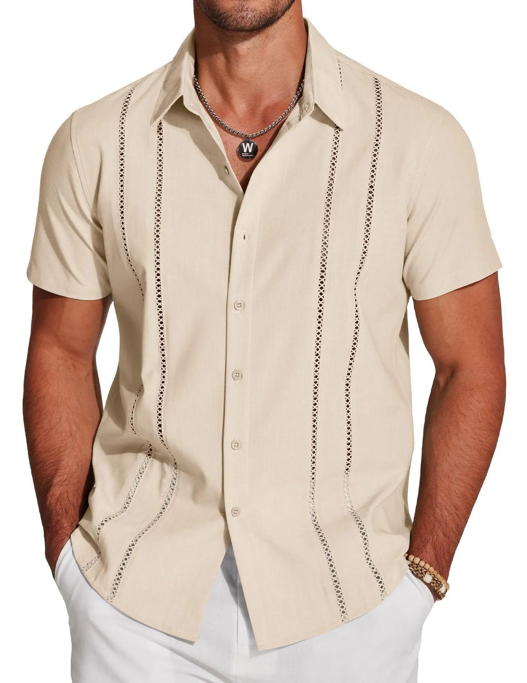 Men's slim fit Hawaiian short sleeve shirt with digital print pattern.
