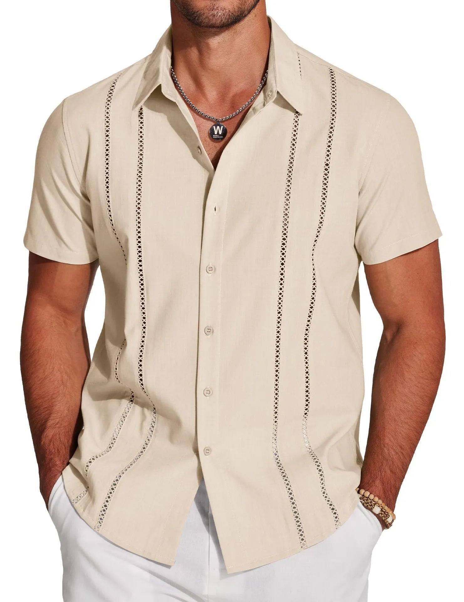 Men's slim fit Hawaiian short sleeve shirt with digital print pattern.