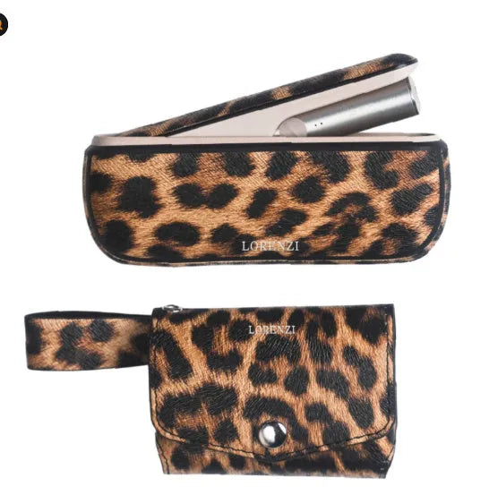 Light luxury PU leather storage organiser bag in leopard print and yellow colours with a zip closure.