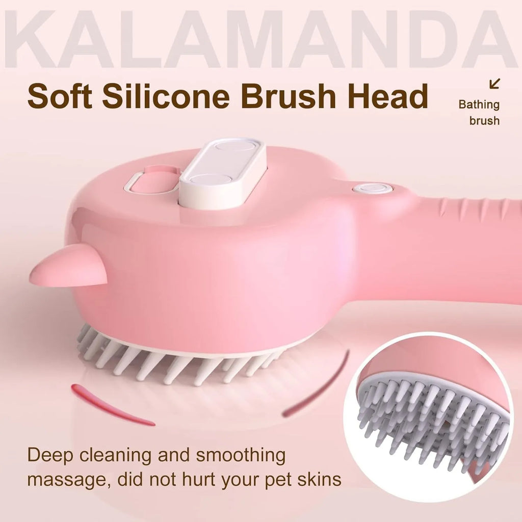 Blue cat steam brush with ergonomic handle, soft rubber bristles, and release button for pet grooming