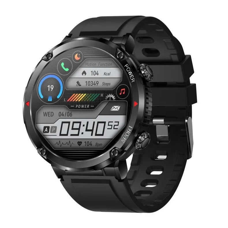 T30 Smart Watch in black on wrist showing display with health stats.