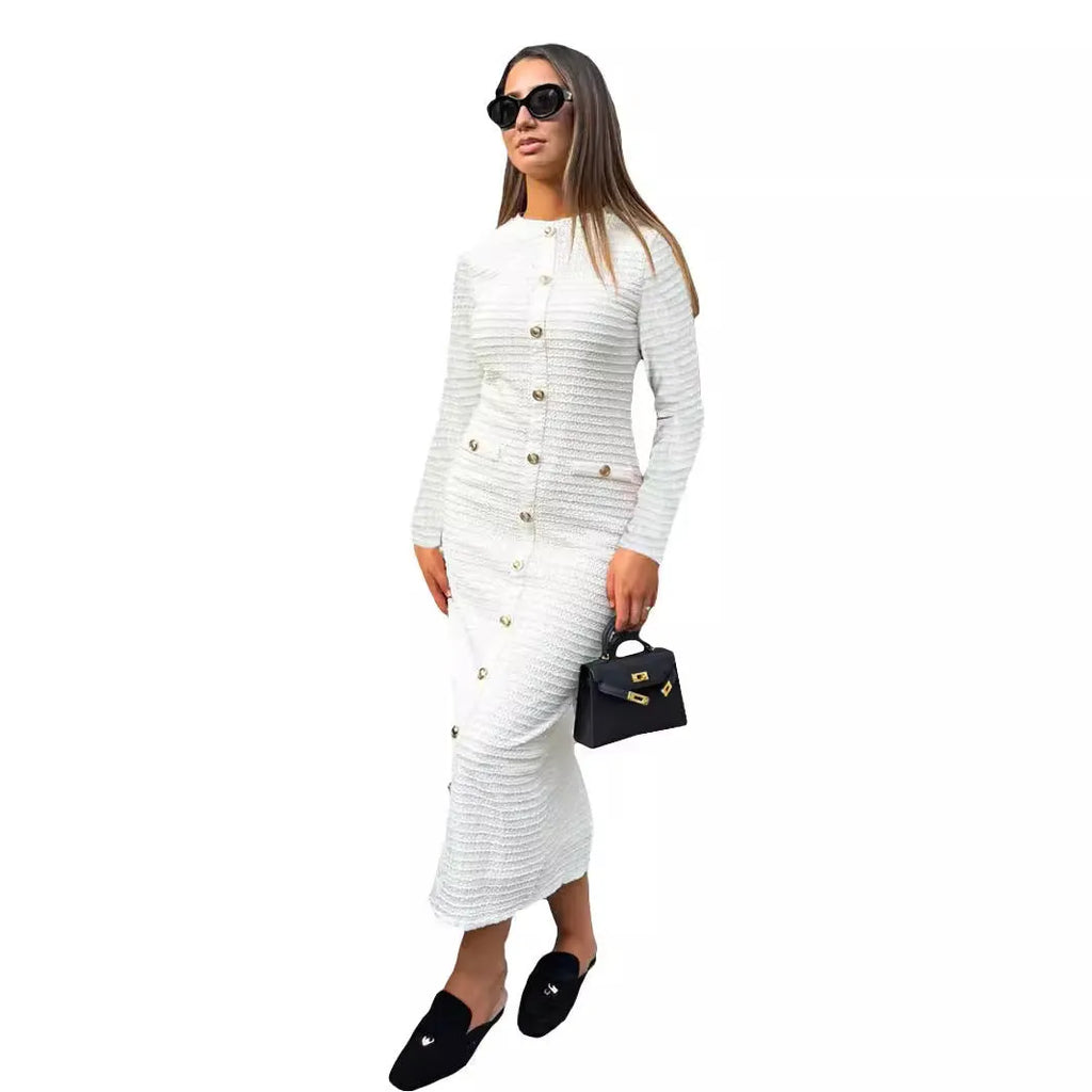 French retro slim fit long sleeved knitted dress in black with button details